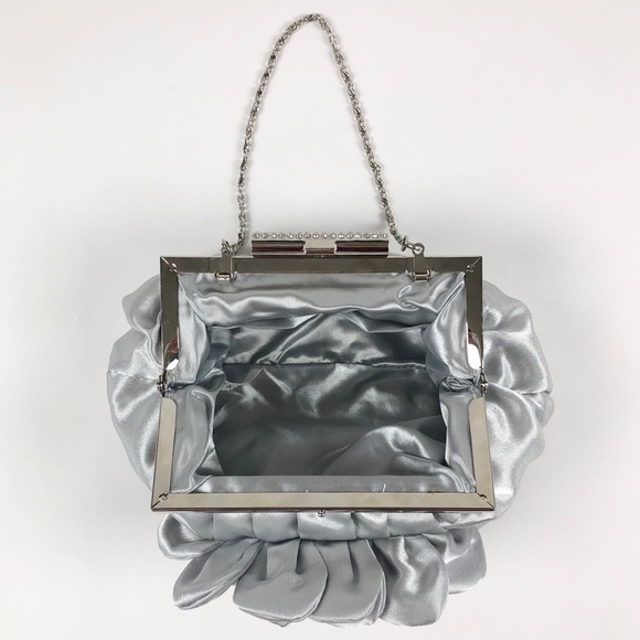 Silver Satin Crystal Flower Frame Evening Clutch - Picture 6 of 8